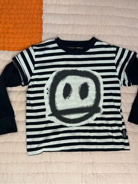 nununu Black & White Striped Long Sleeve Tee with Smiley Graphic